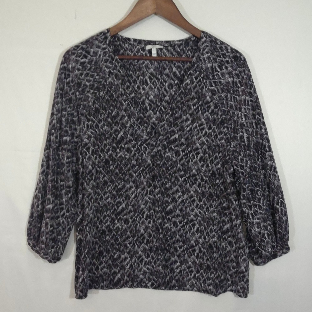 Joie Women's Silk V-Neck Blouse Grey Black Abstract Print 3/4 Sleeve‎ M